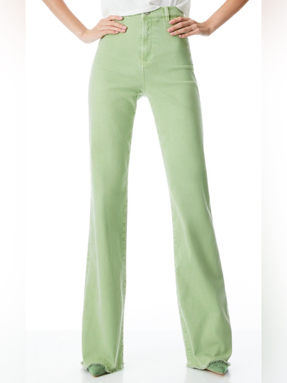 Alice + Olivia Coin Pocket Jeans Seafoam Straight Slight Flare Frayed Size 26